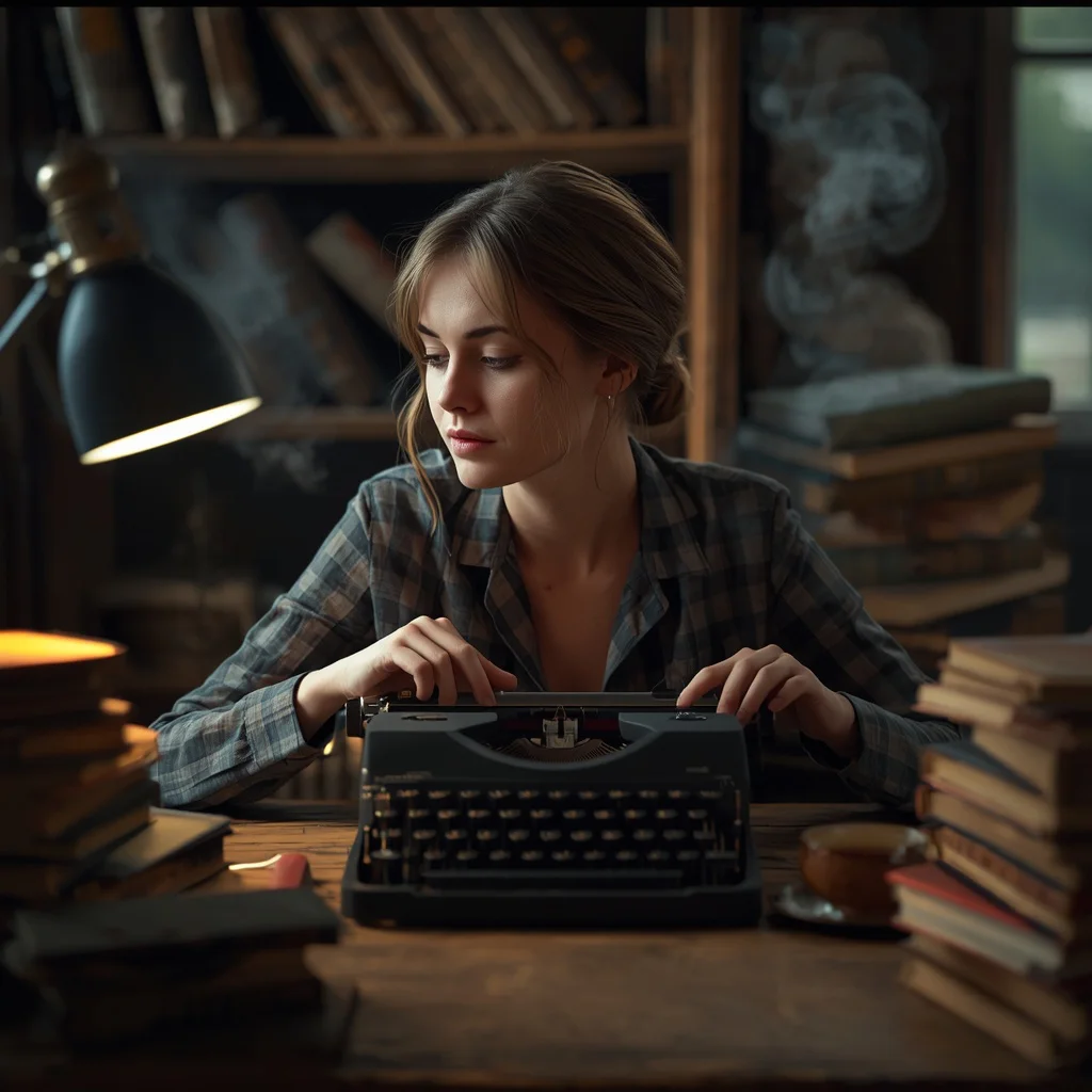 Female Writer Typewriter Vintage Study Pensive Creative Flow | instagram profile pic ai prompt — AI image prompt