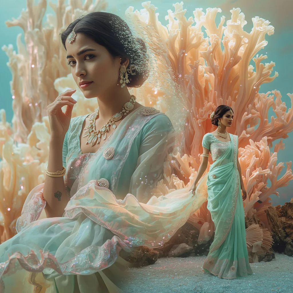 Festive Pastel Saree Liquid Coral Reef Bloom Burst Collage Subaquatic Fantasy | prompt for saree look for girl instagram — AI image prompt