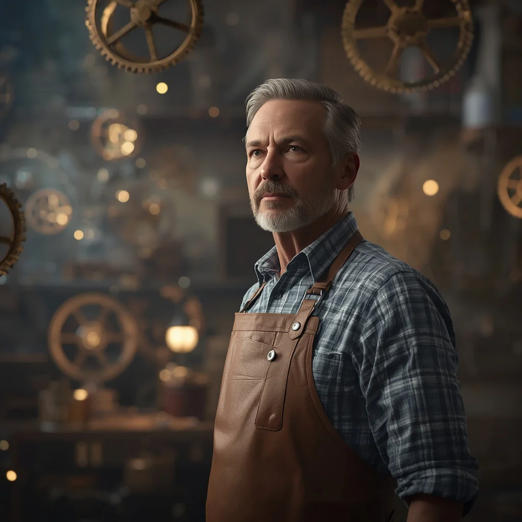Thoughtful Male Inventor in Workshop with Levitating Gears Blueprints | instagram model ai prompt — AI image prompt